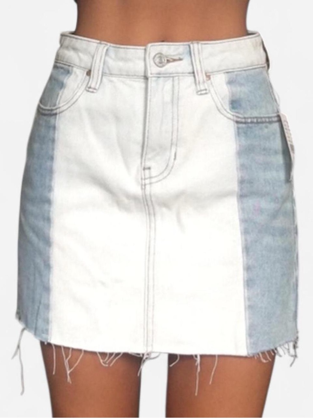 Two-Tone White and Light Blue Denim Skirt